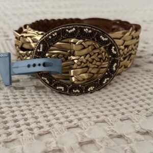 NWT Nine West Gold Tone Metallic Woven Belt with Decorative Buckle Size L/XL